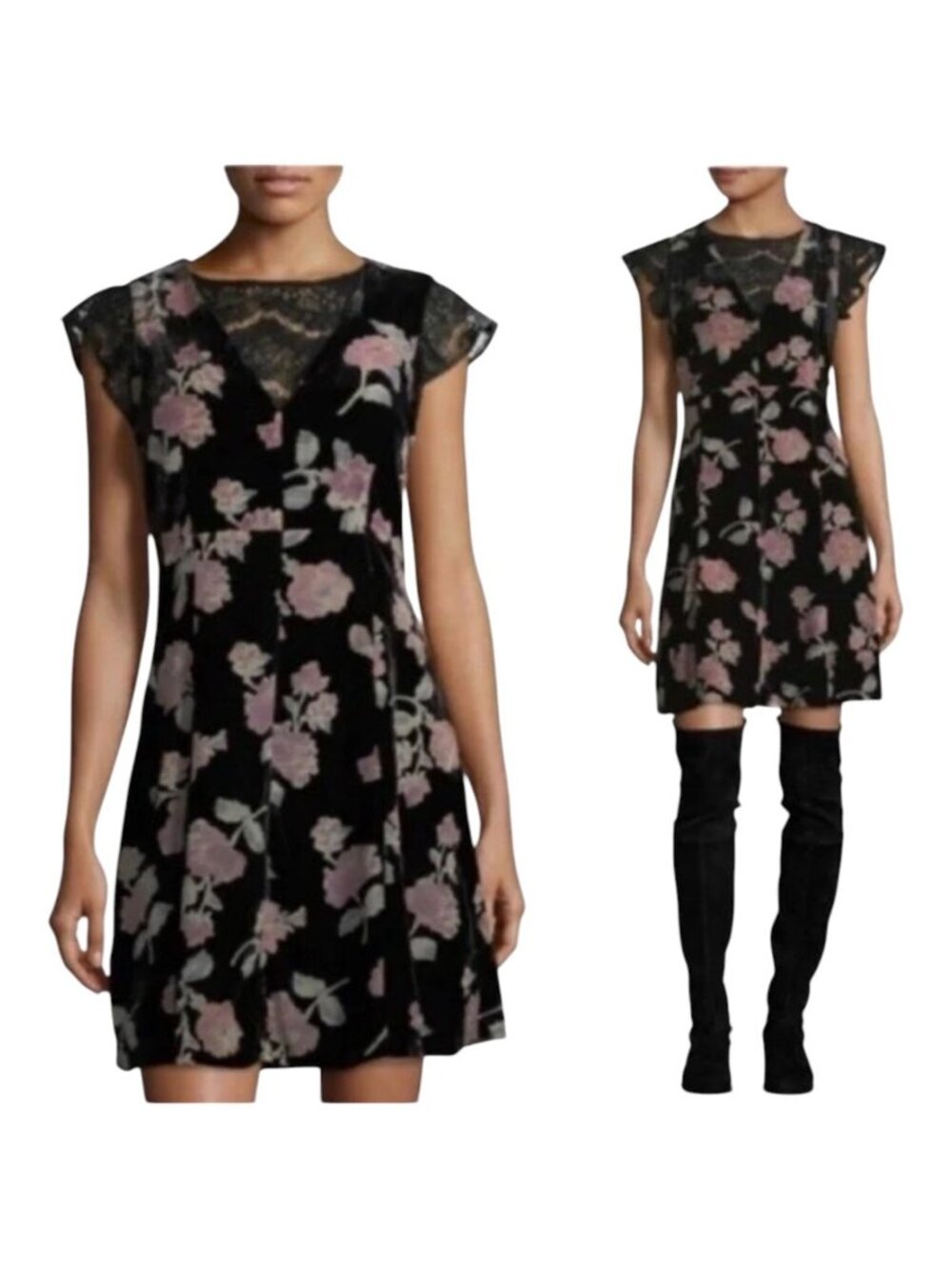 Nanette Lepore Black Floral Lace Dress V-Neck Vintage Retro Inspired Size 10